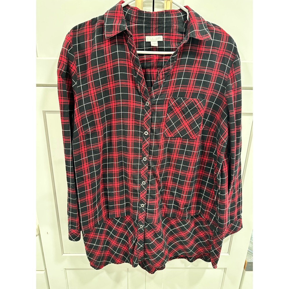 J Jill Plaid Flannel Shirt Red Black White Button Down Long Sleeve Women's‎ M